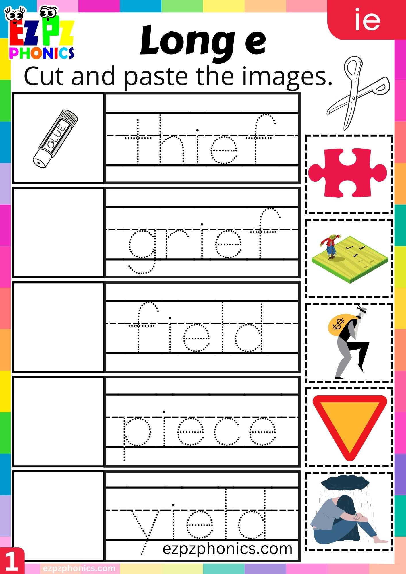 IE Words Cut And Paste The Images Long A Phonics Worksheet